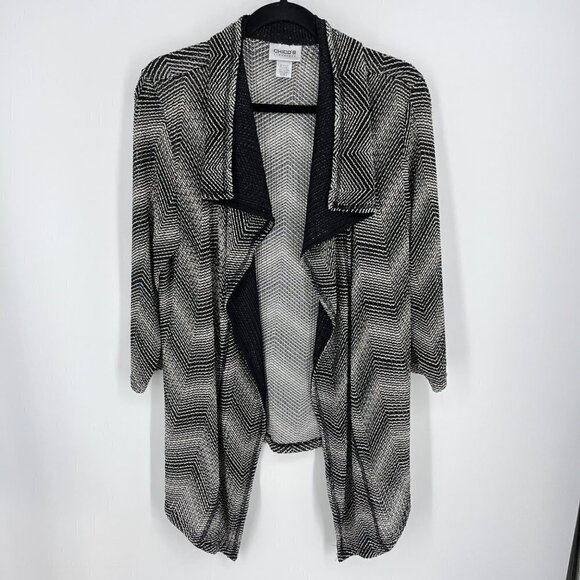Chicos Travelers Chevron Print Mesh Open Cardigan Size L Black White Lightweight - Picture 1 of 11
